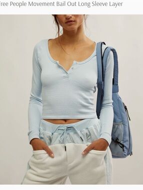 Free People Light Blue Long Sleeve Waffle Crop Top with open back